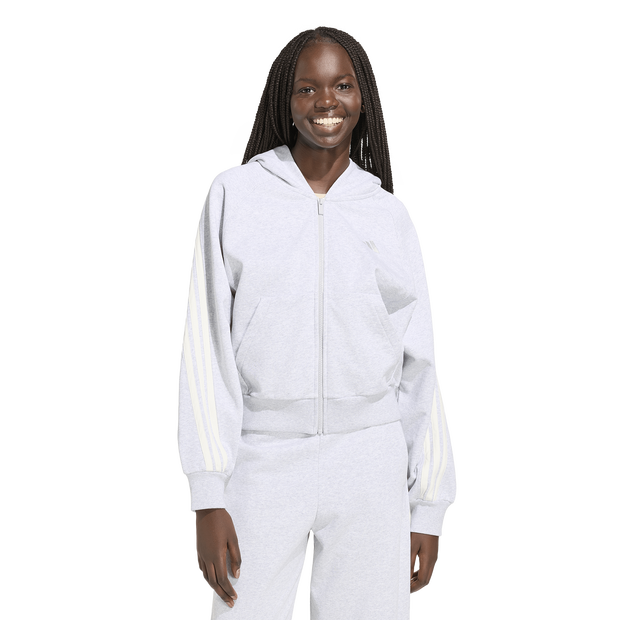 Adidas-Kit-3-stripes-Full-Zip-Hoodie-Hoodies-Dames-Grijs-Maat-XXL-50-52-Katoen-Jersey
