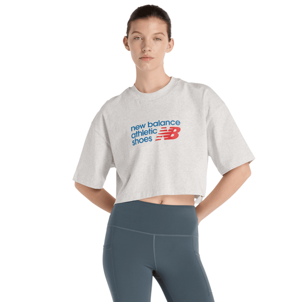 New Balance Athletics Premium Logo Cropped Tee T-shirts Dames - Grijs - Maat XL - Katoen Jersey